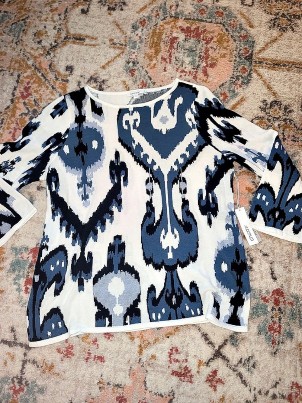 Chico's Women's 2 Ikat Intarsia Pullover Sweater Blue & White Size 2 NWT